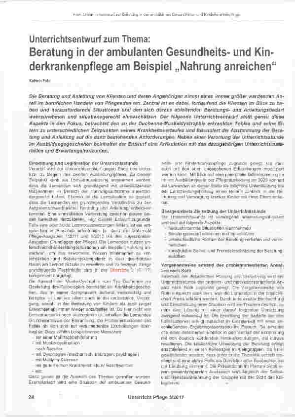 Vorschauseite 1: Unterrichtsentwurf zum Thema: Beratung in der ambulanten Gesundheitsund Kinderkrankenpflege am Beispiel „Nahrung anreichen“