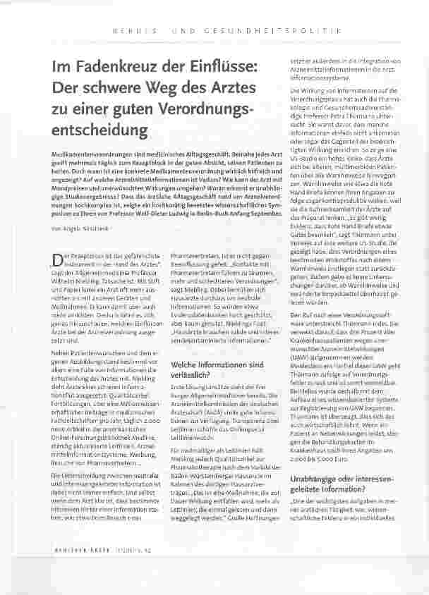 Vorschauseite 1: Im Fadenkreuz der Einflüsse: Der schwere Weg des Arztes zu einer guten Verordnungsentscheidung