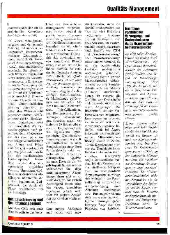 Vorschauseite 3: Qualität im Krankenhaus: Gemeinsames Unternehmensziel aller Beteiligten? Veränderte Rolle für die Ärzte?