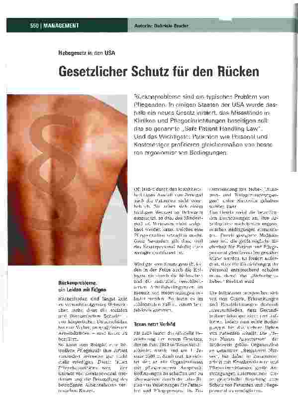 Vorschauseite 1: Hebegesetz in den USA - Gesetzlicher Schutz für den Rücken