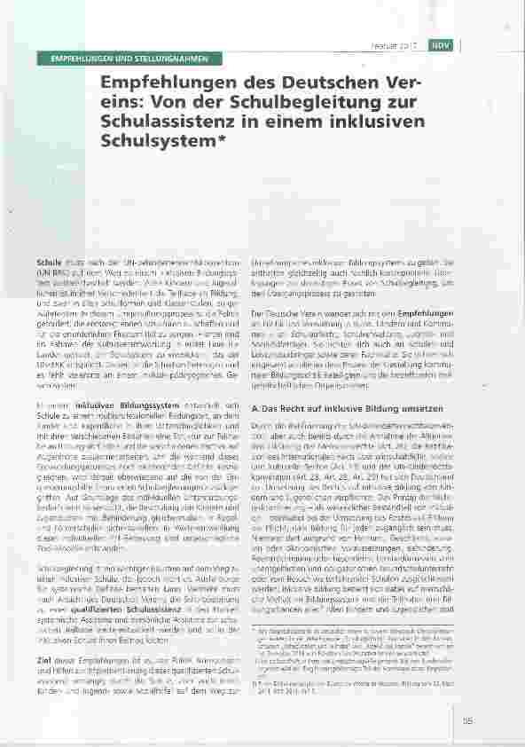 Vorschauseite 1: Empfehlungen des Deutschen Vereins: Von der Schulbegleitung zur Schulassistenz in einem inklusiven Schulsystem