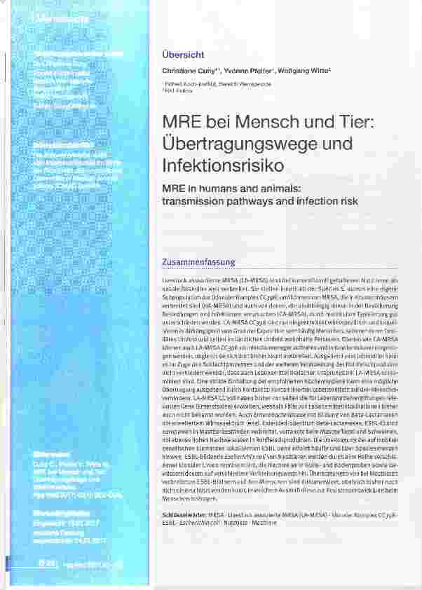 Vorschauseite 1: MRE bei Mensch und Tier: Übertragungswege und Infektionsrisiko