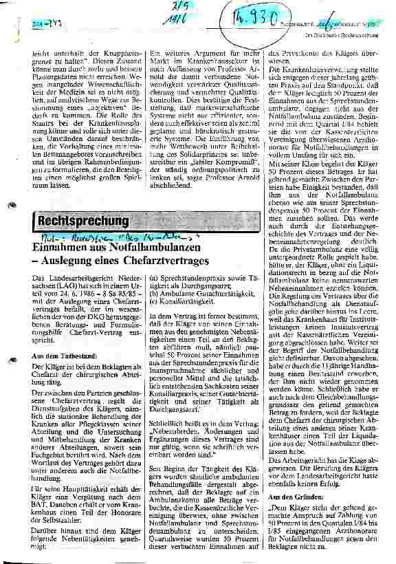 Vorschauseite 1: Einnahmen aus Notfallambulanzen Auslegung eines Chefarztvertrages