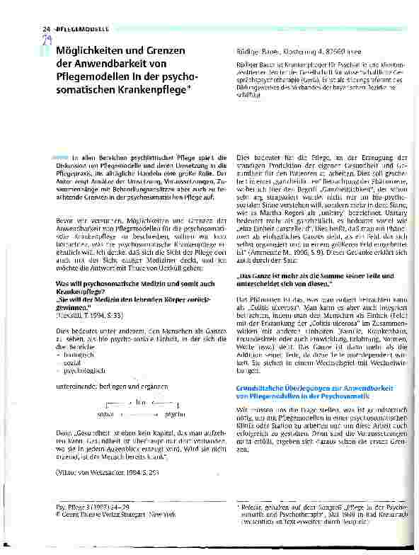 Vorschauseite 1: Möglichkeiten und Grenzen der Anwendbarkeit von Pflegemodellen in der psychosomatischen Krankenpflege