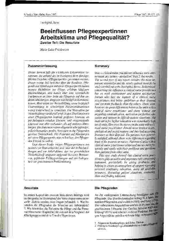 Vorschauseite 1: Beeinflussen PflegeexpertInnen Arbeitsklima und Pflegequalität? Zweiter Teil: Die Resultate