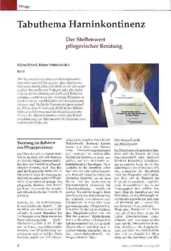 Vorschauseite 1: Tabuthema Harninkontinenz - Der Stellenwert pflegerischer Beratung - Teil 2