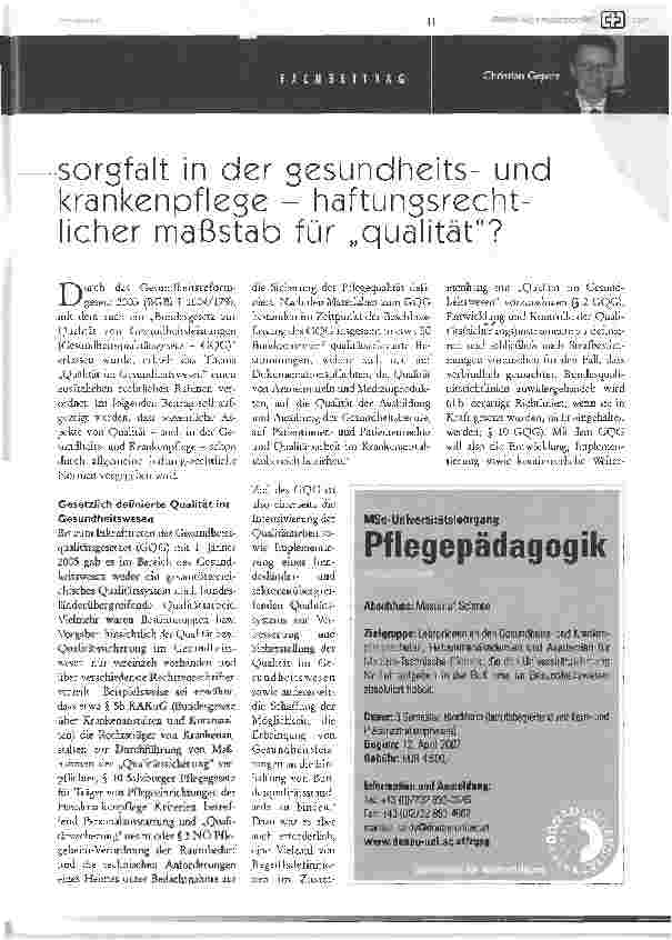 Vorschauseite 1: Sorgsfalt in der Gesundheitsund Krankenpflege - haftungsrechtlicher Maßstab für Qualität?