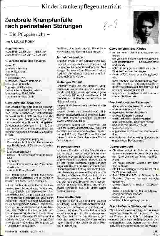 Vorschauseite 1: Zerebrale Krampfanfälle nach perinatalen Störungen - Ein Pflegebericht -