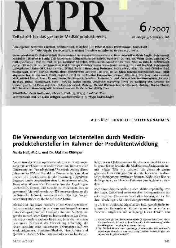 Vorschauseite 1: Die Verwendung von Leichenteilen durch Medizinproduktehersteller im Rahmen der Produktentwicklung