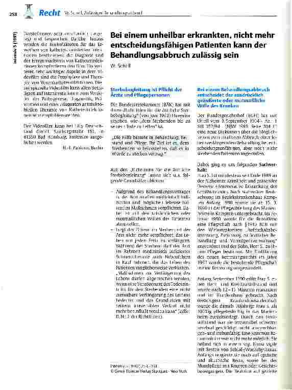 Vorschauseite 1: Bei einem unheilbar erkrankten, nicht mehr entscheidungsfähigen Patienten kann der Behandlungsabbruch zulässig sein