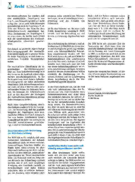 Vorschauseite 4: Bei einem unheilbar erkrankten, nicht mehr entscheidungsfähigen Patienten kann der Behandlungsabbruch zulässig sein