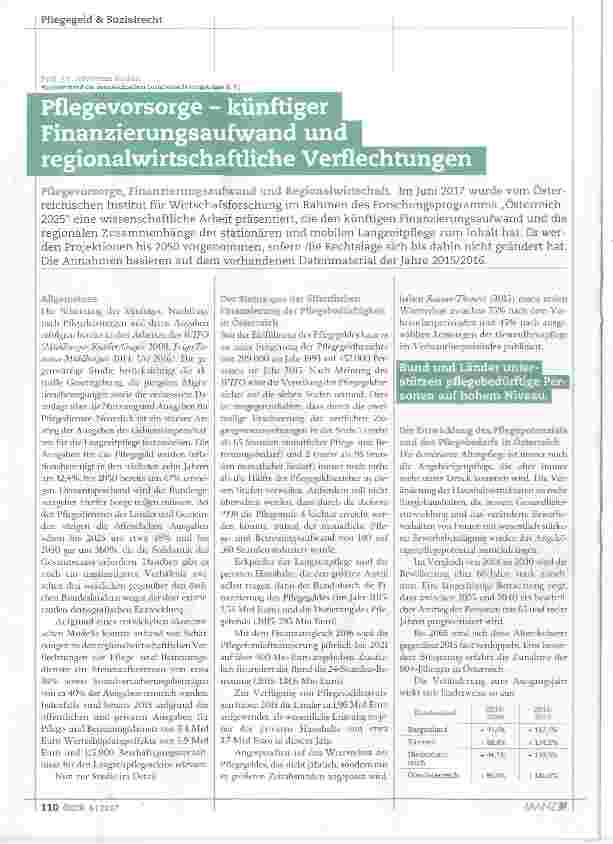 Vorschauseite 1: Pflegevorsorge künftiger Finanzierungsaufwand und regionalwirtschaftliche Verflechtungen