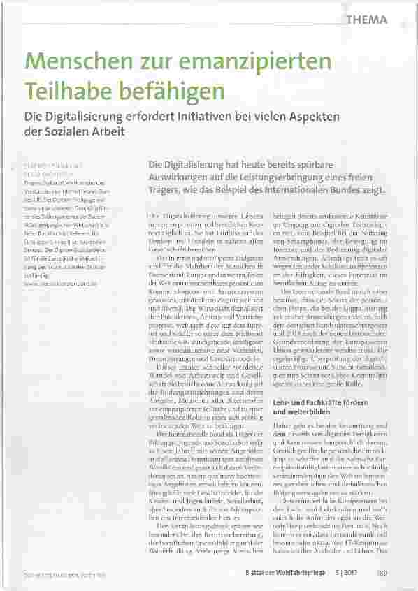Vorschauseite 1: Menschen zur emanzipierten Teilhabe befähigen Die Digitalisierung erfordert Initiativen bei vielen Aspekten der Sozialen Arbeit