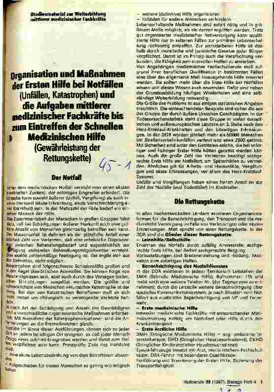 Vorschauseite 1: Organisation und Maßnahmen der Erste Hilfe bei Notfällen und die Aufgaben mittlerer medizinische Fachkräfte bis zum Eintreffen der SMH