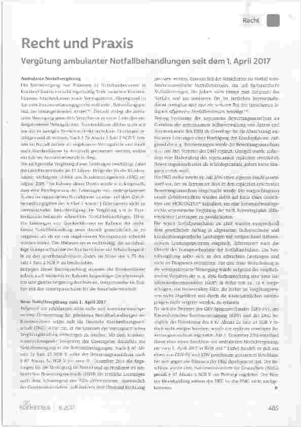 Vorschauseite 1: Vergütung ambulanter Notfallbehandiungen seit dem 1. April 2017