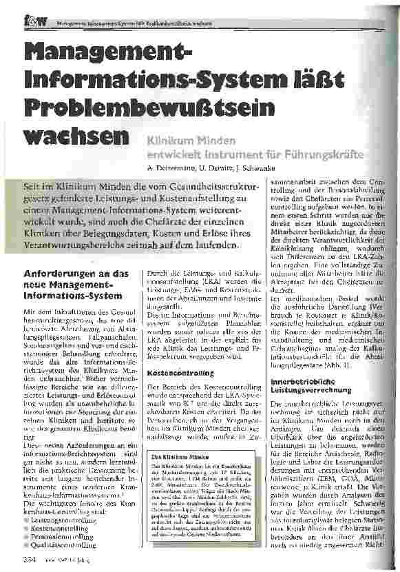 Vorschauseite 1: Management-Informations-System läßt Problembewußtsein wachsen Klinikum Minden entwickelt Instrument für Führungskräfte