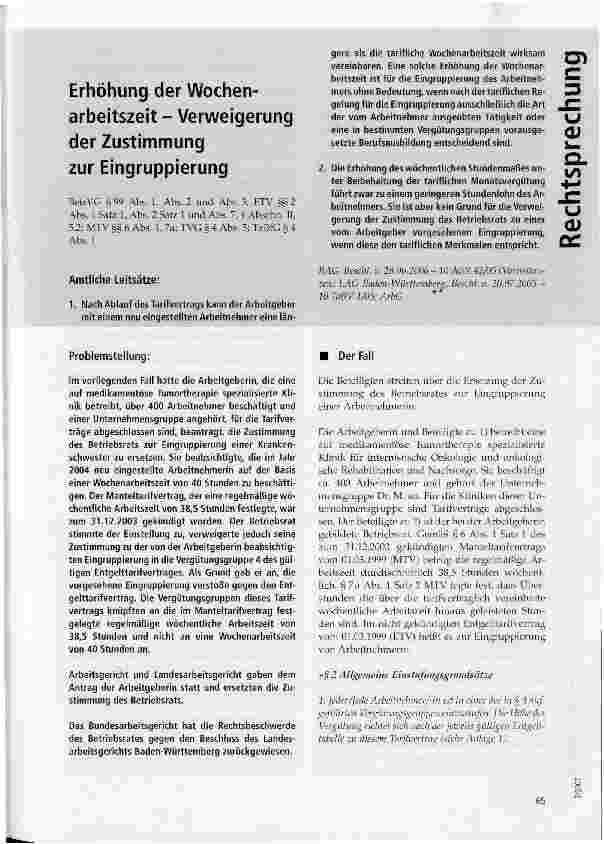 Vorschauseite 1: Erhöhung der Wochenarbeitszeit - Verweigerung der Zustimmung zur Eingruppierung