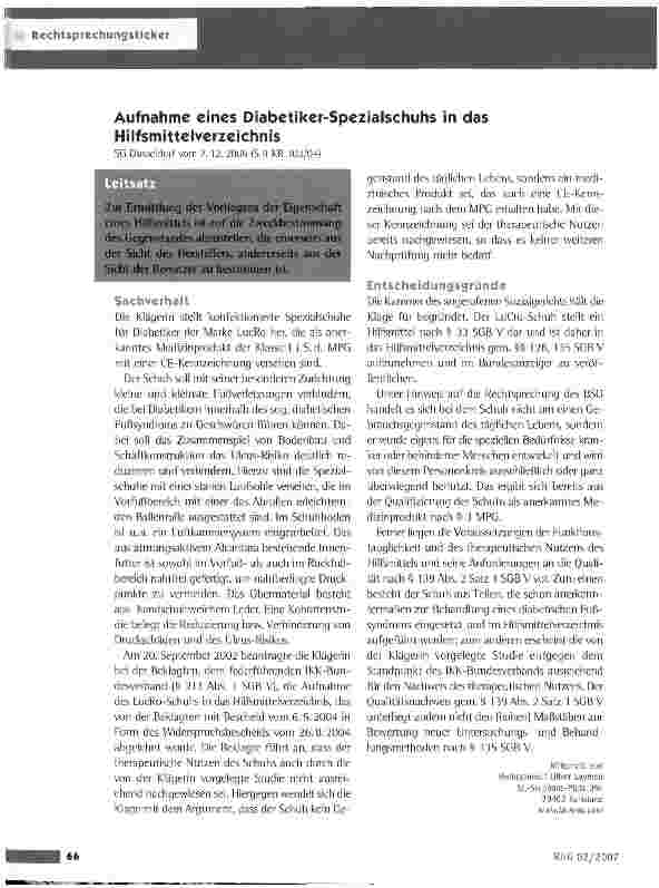 Vorschauseite 1: Aufnahme eines Diabetiker-Spezialschuhs in das Hilfsmittelverzeichnis