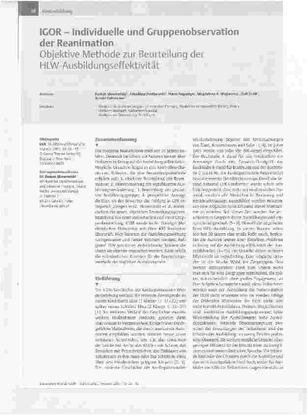 Vorschauseite 1: IGOR - Individuelle und Gruppenobservation der ReanimationObjektive Methode zur Beurteilung der HLW-Ausbildungseffektivität