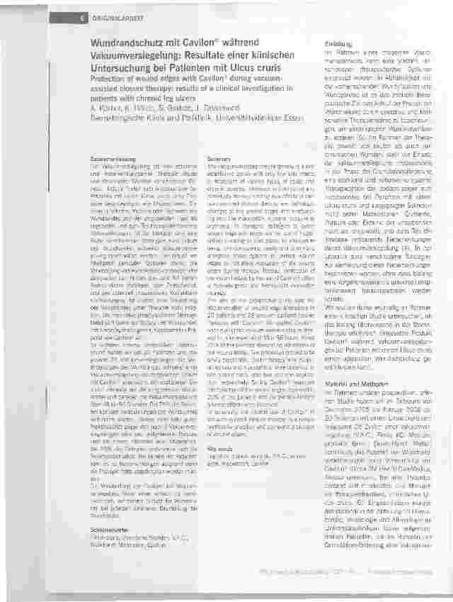 Vorschauseite 1: Wundrandschutz mit Cavilon® während Vakuumversiegelung: Resultate einer klinischen Untersuchung bei Patienten mit Ulcus cruris