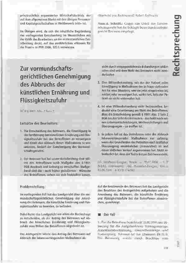 Vorschauseite 1: Zur vormundschaftsgerichtlichen Genehmigung des Abbruchs der künstlichen Ernährung und Flüssigkeitszufuhr