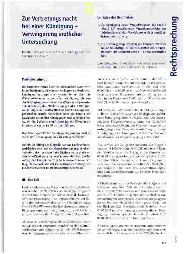 Vorschauseite 1: Zur Vertretungsmacht bei einer Kündigung -Verweigerung ärztlicher Untersuchung