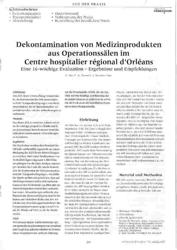 Vorschauseite 1: Dekontamination von Medizinproduktenaus Operationssälen im Centre hospitalier regional dOrleans