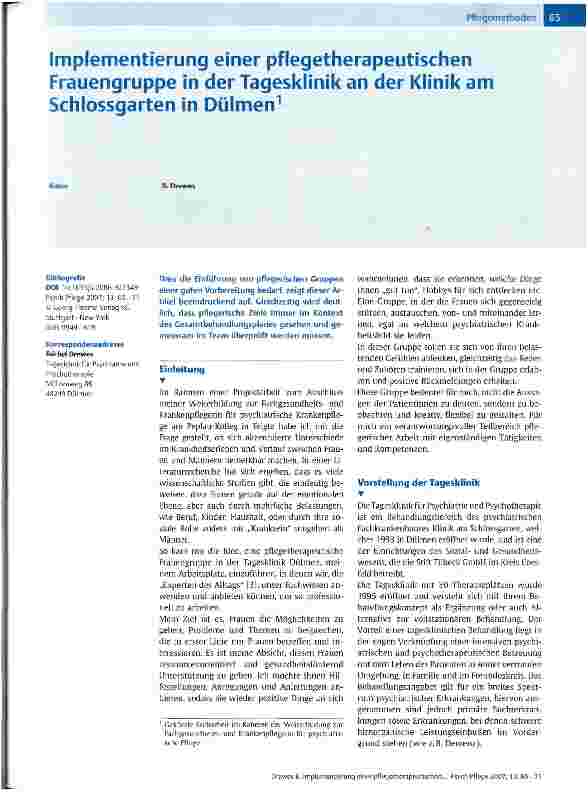 Vorschauseite 1: Implementierung einer pflegetherapeutischen Frauengruppe in der Tagesklinik an der Klinik am Schlossgarten in Dülmen