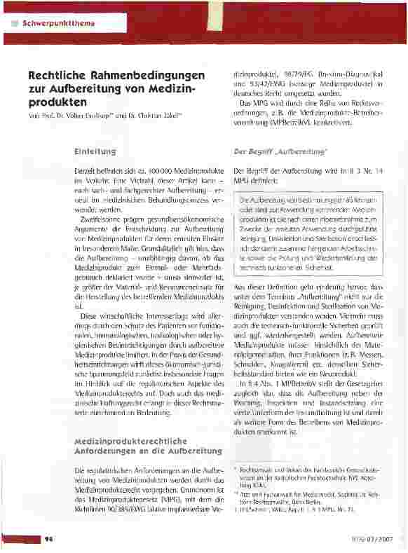 Vorschauseite 1: Rechtliche Rahmenbedingungen zur Aufbereitung von Medizinprodukten