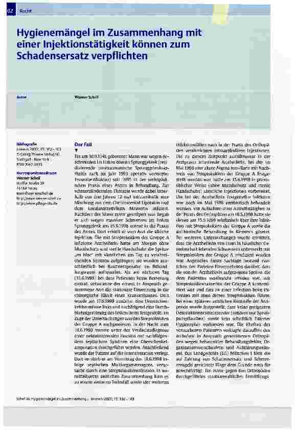 Vorschauseite 1: Hygienemängel im Zusammenhang mit einer Injektionstätigkeit können zum Schadensersatz verpflichten
