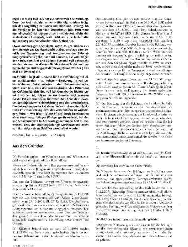 Vorschauseite 2: Beweisregel bei Arzthaftung im Bereich des voll beherrschbaren Risikos (hier defektes Röntgentherapiegerät)