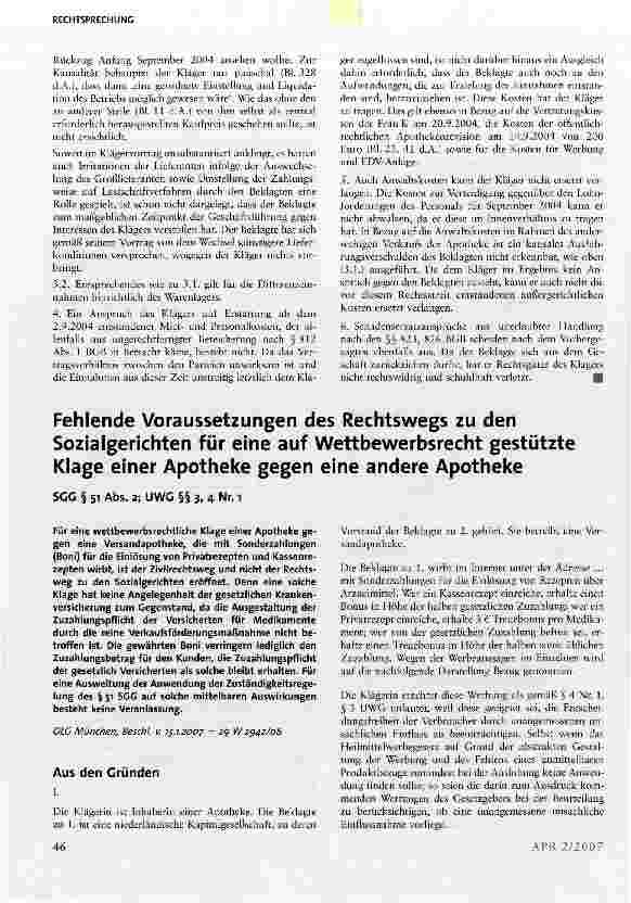 Vorschauseite 1: Fehlende Voraussetzungen des Rechtswegs zu den Sozialgerichten für eine auf Wettbewerbsrecht gestützte Klage einer Apotheke gegen eine andere Apotheke