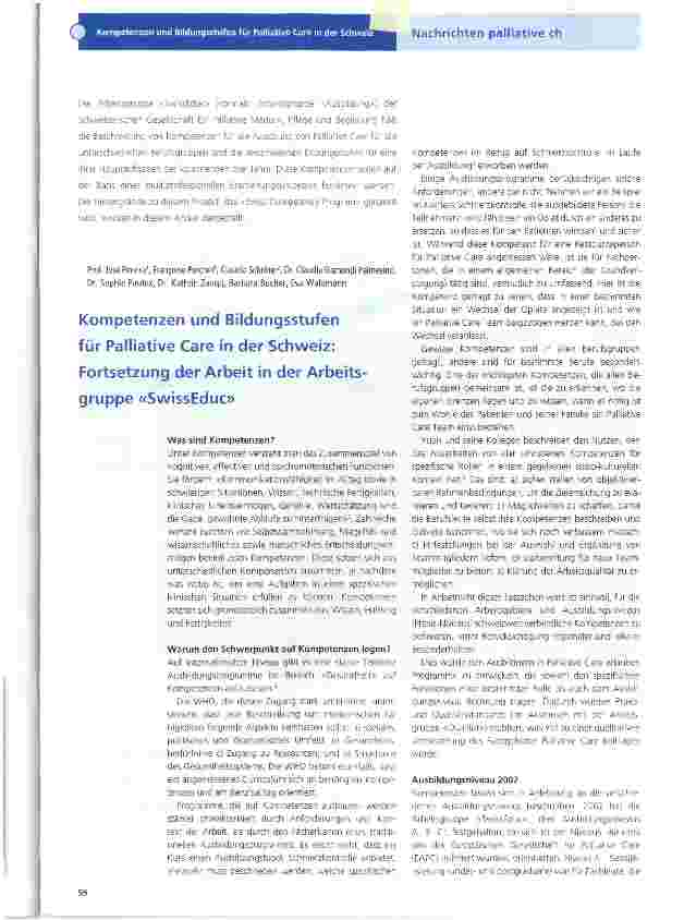 Vorschauseite 1: Kompetenzen und Bildungsstufen für Palliative Care in der Schweiz: Fortsetzung der Arbeit in der Arbeitsgruppe SwissEduc