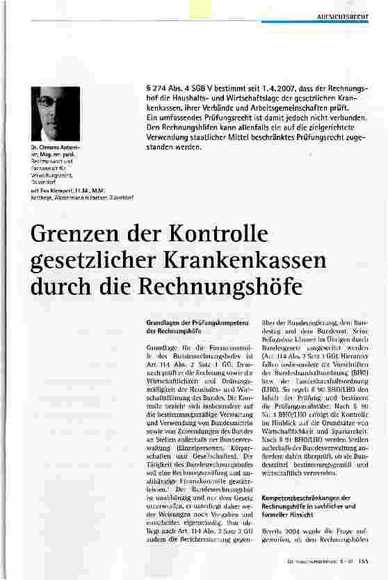 Vorschauseite 1: Grenzen der Kontrolle gesetzlicher Krankenkassen durch die Rechnungshöfe