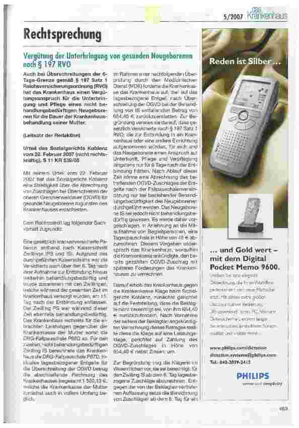 Vorschauseite 1: Vergütung der Unterbringung von gesunden Neugeborenen nach § 197 RVO