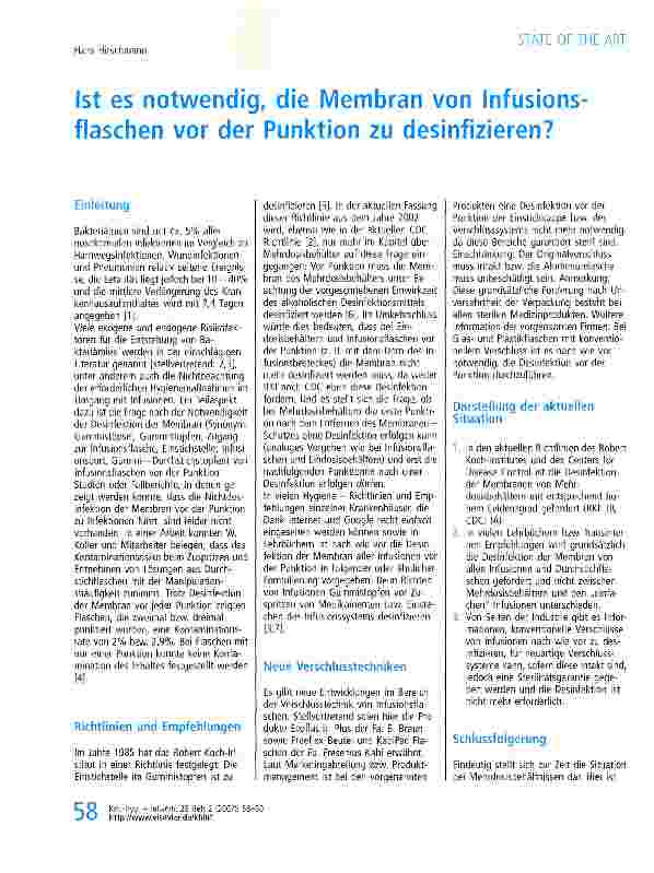 Vorschauseite 1: Ist es notwendig, die Membran von Infusionsflaschen vor der Punktion zu desinfizieren?