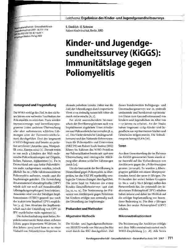 Vorschauseite 1: Kinderund Jugendgesundheitssurvey (KiGGS): Immunitätslage gegen Poliomyelitis
