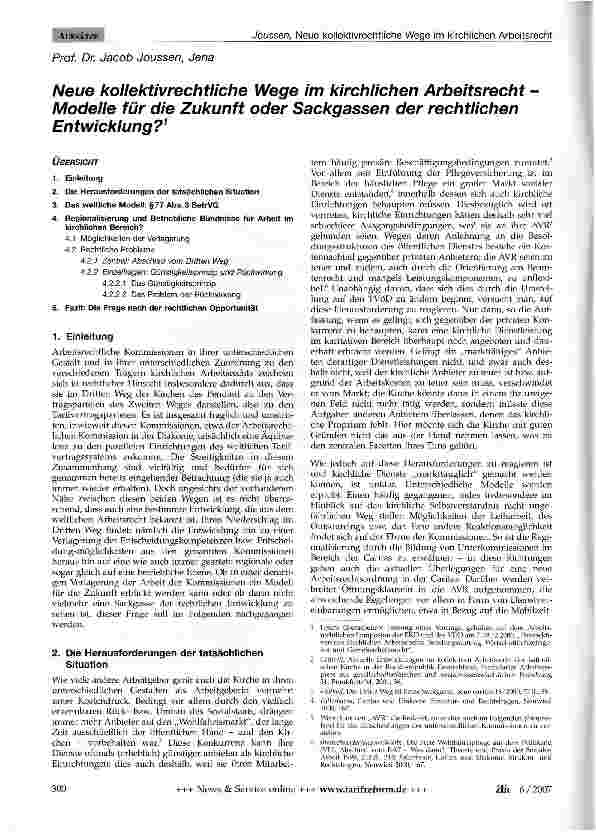 Vorschauseite 1: Neue kollektivrechtliche Wege im kirchlichen Arbeitsrecht -Modelle für die Zukunft oder Sackgassen der rechtlichen Entwicklung?1