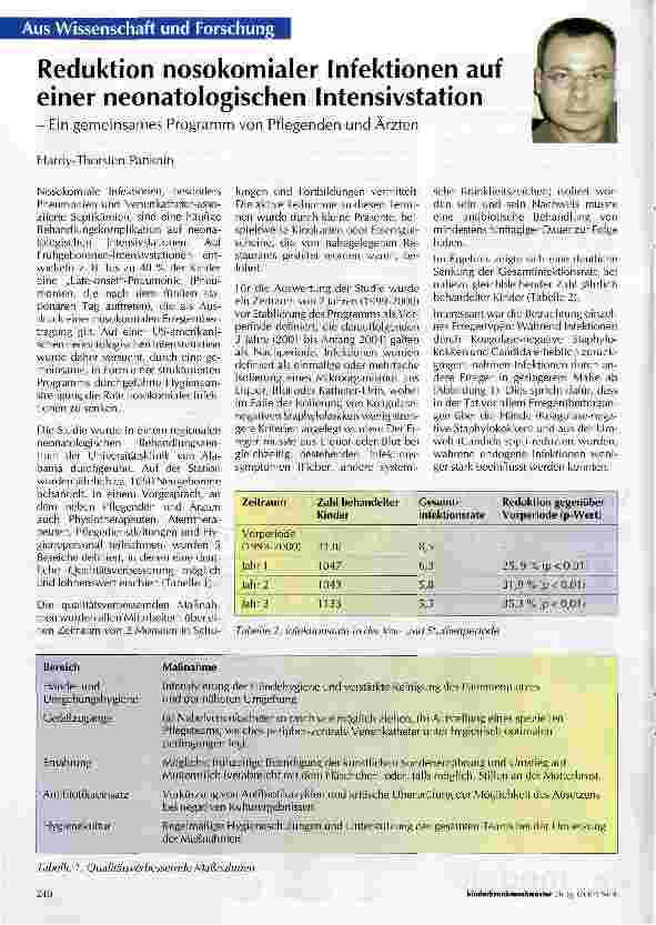 Vorschauseite 1: Reduktion nosokomialer Infektionen auf einer neonatologischen Intensivstation
