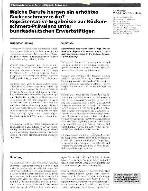 Vorschauseite 1: Welche Berufe bergen ein erhöhtes Rückenschmerzrisiko? -Repräsentative Ergebnisse zur Rückenschmerz-Prävalenz unter bundesdeutschen Erwerbstätigen