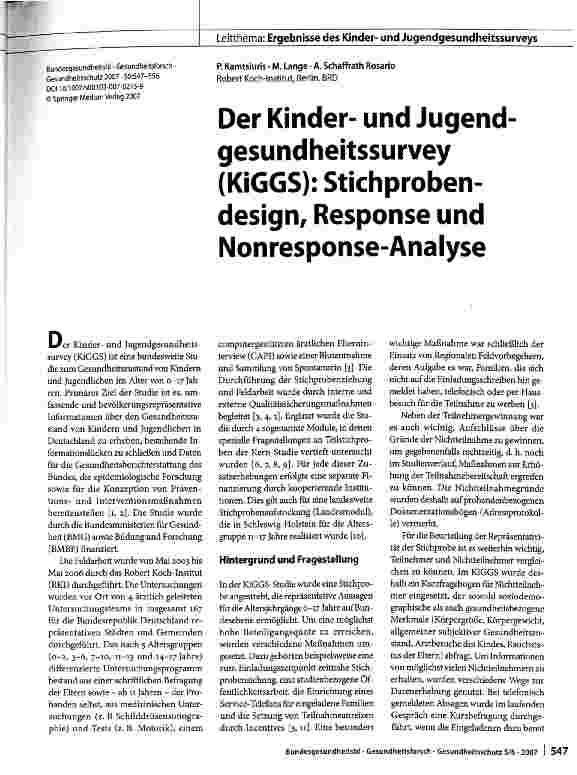 Vorschauseite 1: Der Kinderund Jugend-gesundheitssurvey (KiGGS): Stichprobendesign, Response und Nonresponse-Analyse