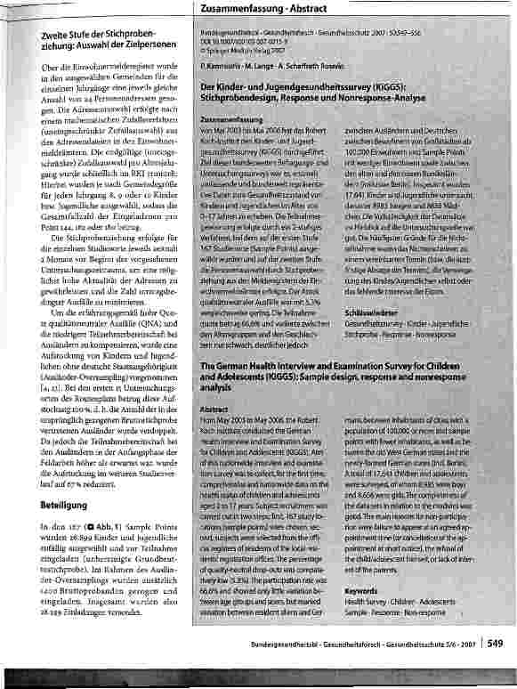Vorschauseite 3: Der Kinderund Jugend-gesundheitssurvey (KiGGS): Stichprobendesign, Response und Nonresponse-Analyse