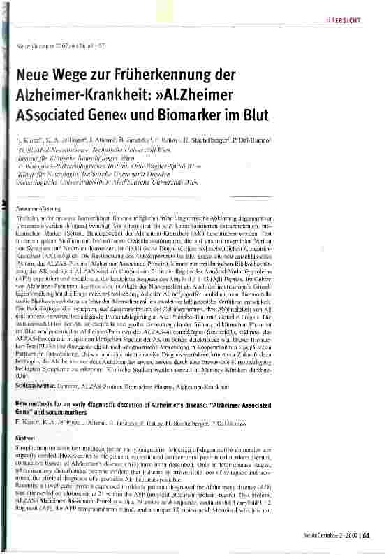 Vorschauseite 1: Neue Wege zur Früherkennung der Alzheimer-Krankheit: ALZheimer ASsociated Gene und Biomarker im Blut