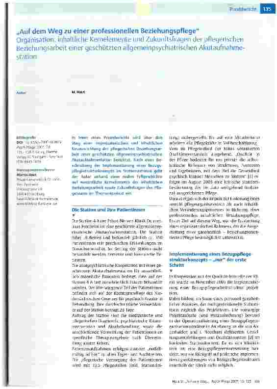 Vorschauseite 1: Auf dem Weg zu einer professionellen BeziehungspflegeOrganisation, inhaltliche Kernelemente und Zukunftsfragen der pflegerischen Beziehungsarbeit einer geschützten allgemeinpsychi…