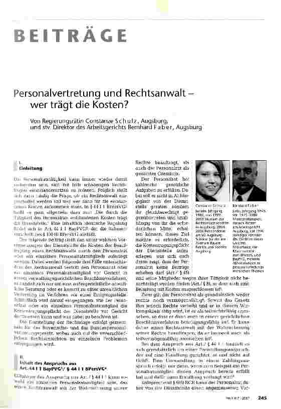 Vorschauseite 1: Personalvertretung und Rechtsanwalt-wer trägt die Kosten?