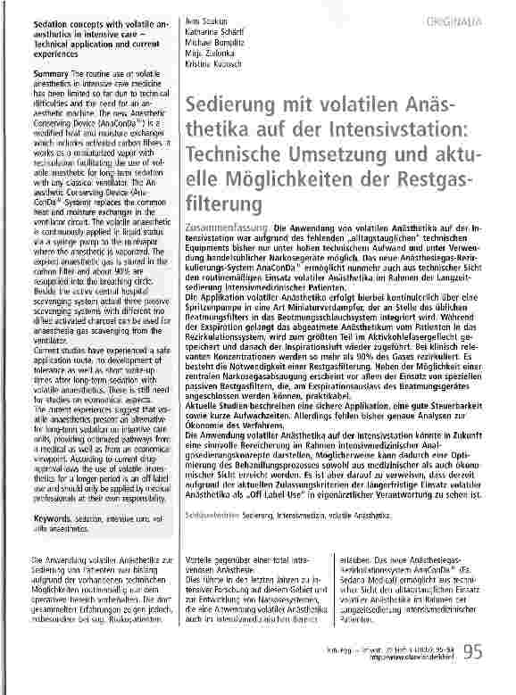 Vorschauseite 1: Sedierung mit volatilen Anästhetika auf der Intensivstation: Technische Umsetzung und aktuelle Möglichkeiten der Restgasfilterung