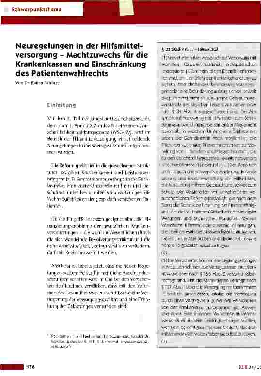 Vorschauseite 1: Neuregelungen in der Hilfsmittelversorgung - Machtzuwachs für die Krankenkassen und Einschränkung des Patientenwahlrechts