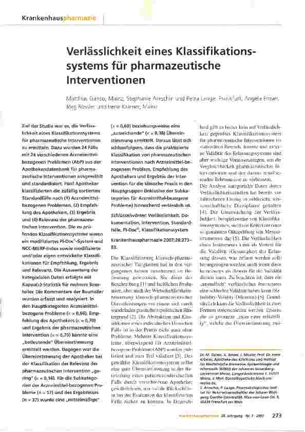 Vorschauseite 1: Verlässlichkeit eines Klassifikationssystems für pharmazeutische Interventionen