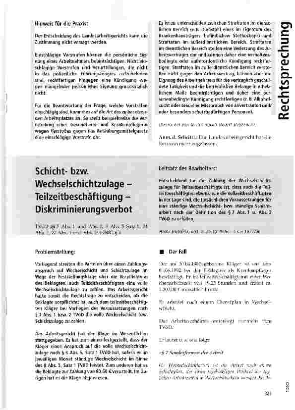 Vorschauseite 1: Schichtbzw. Wechselschichtzulage -Teilzeitbeschäftigung -Diskriminierungsverbot