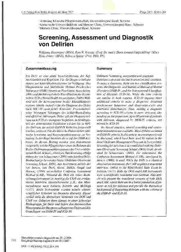 Vorschauseite 1: Screening, Assessment und Diagnostik von Delirien